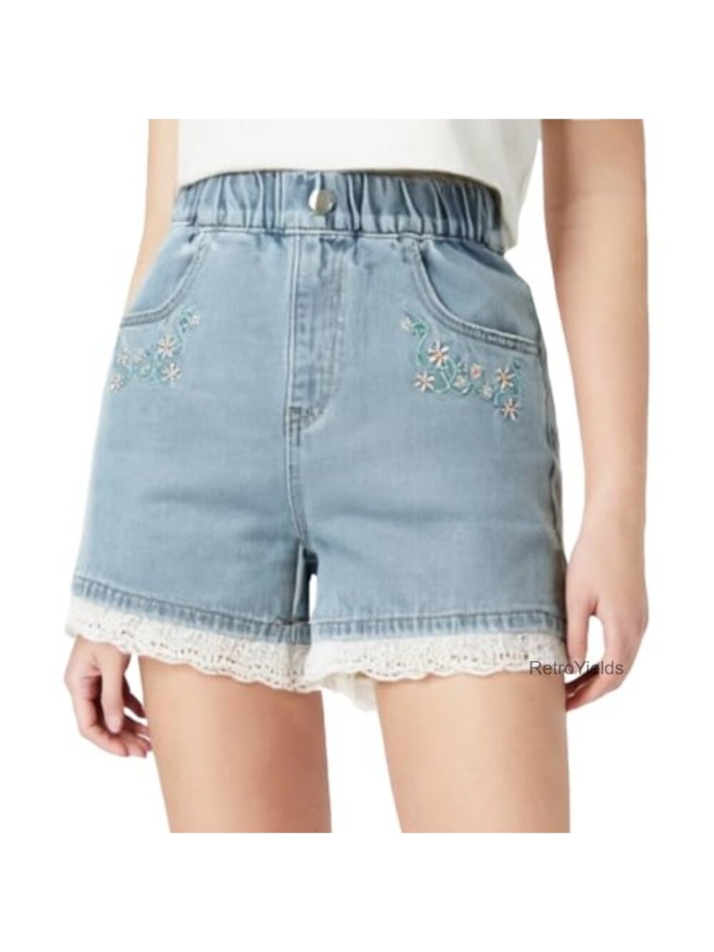 Girls Distressed Denim Jean Shorts with Pockets, Elastic Waist, Floral